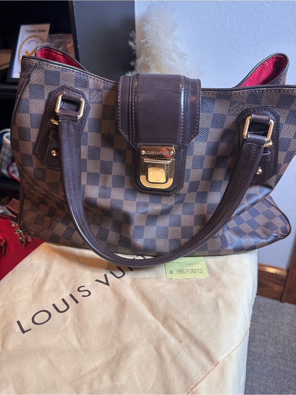 Louis Vuitton Brown Damier Ebene Shoulder Bag with Red Interior Accents